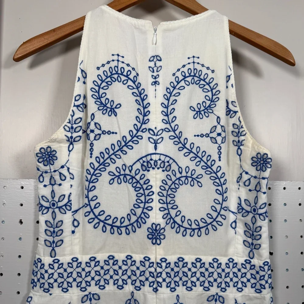 Tory Burch Floral Mariana Dress Womens Blue‎ White Embroidered Scallop Hem - 4